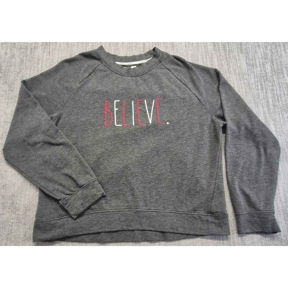 Rae Dunn Believe Sweatshirt women's LG gray embroidered crewneck pullover fleece